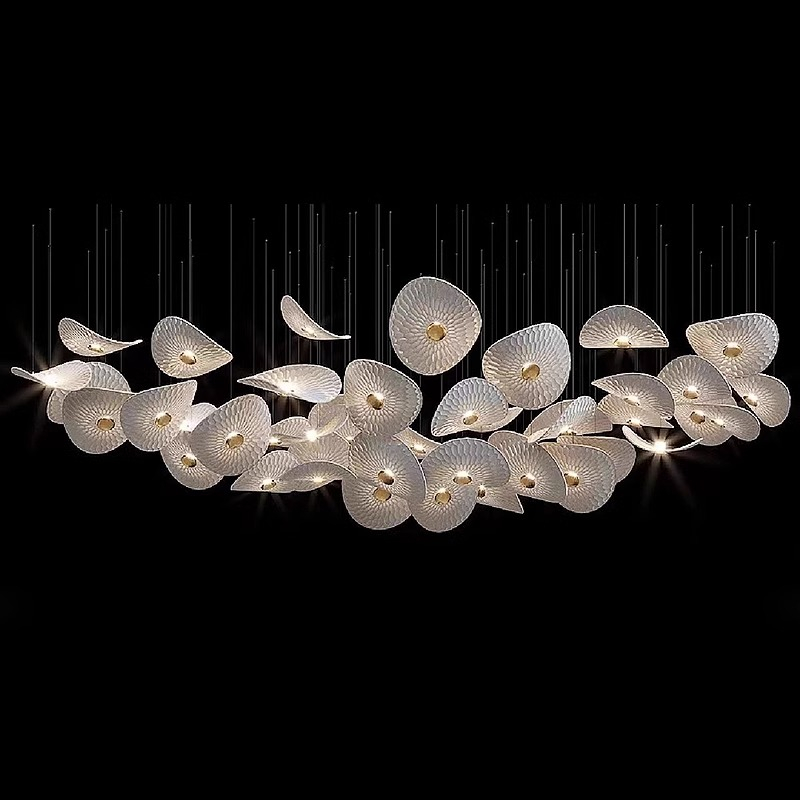 Customized Lotus Leaf Chandelier Luxurious Gold Glass Ceiling Lamp Room Hotel Lobby Decoration
