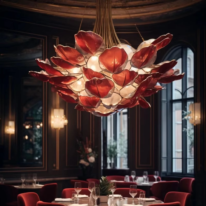 High-end Hotel Engineering Villa Lobby Large Restaurant Pendant Lighting Glass Stainless Steel Flower Custom Chandeliers Lamps