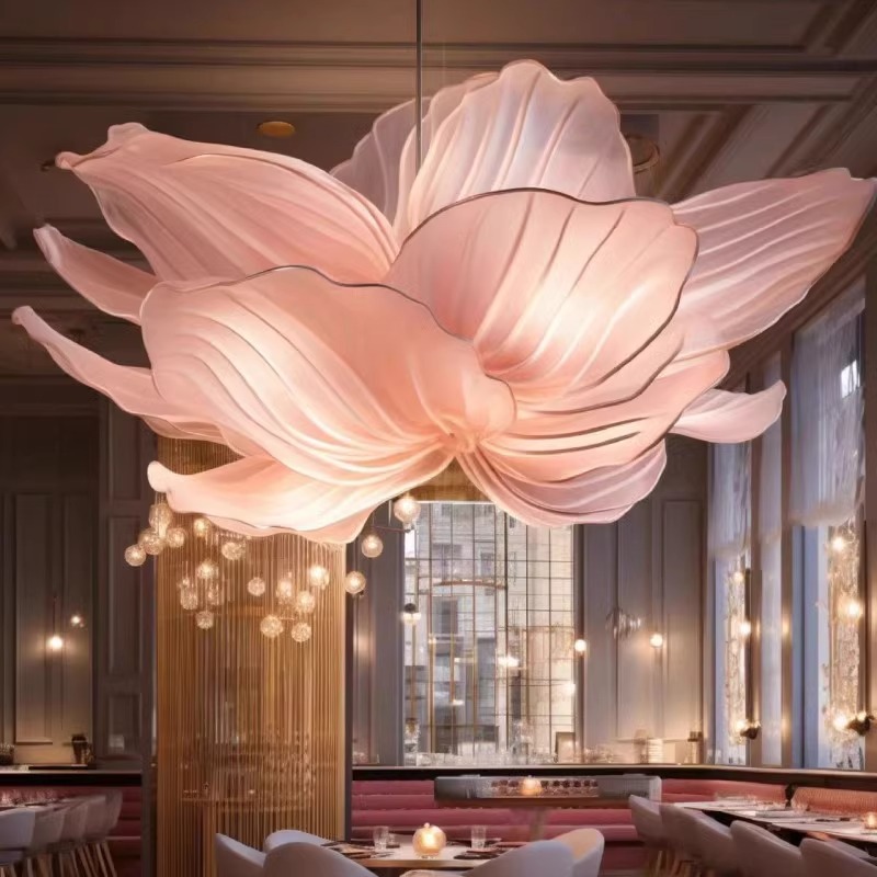 High-end Hotel Engineering Villa Lobby Large Restaurant Pendant Lighting Glass Stainless Steel Flower Custom Chandeliers Lamps