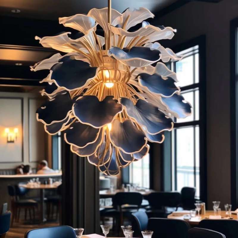 High-end Hotel Engineering Villa Lobby Large Restaurant Pendant Lighting Glass Stainless Steel Flower Custom Chandeliers Lamps