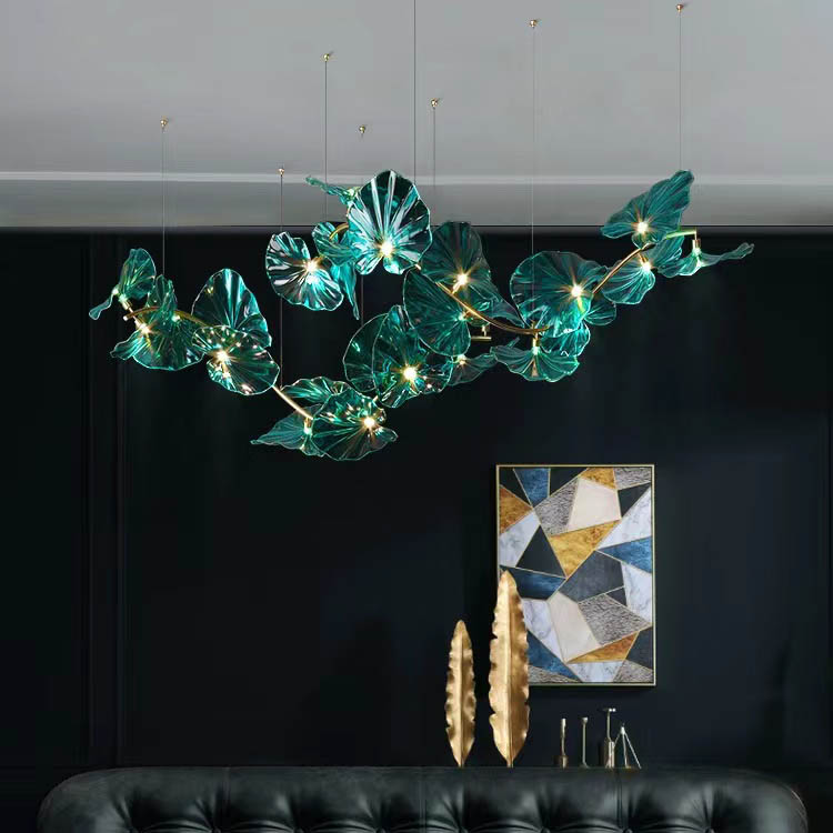 Customized Chandeliers Contemporary Glass White Lotus Leaves LED Hanging Pendant Light