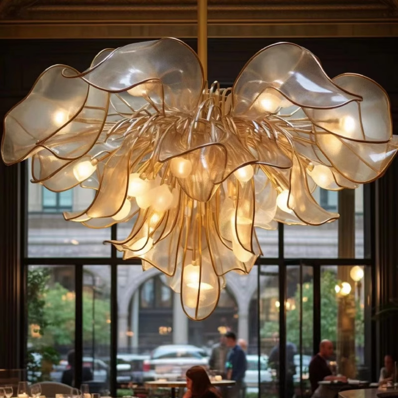 High-end Hotel Engineering Villa Lobby Large Restaurant Pendant Lighting Glass Stainless Steel Flower Custom Chandeliers Lamps