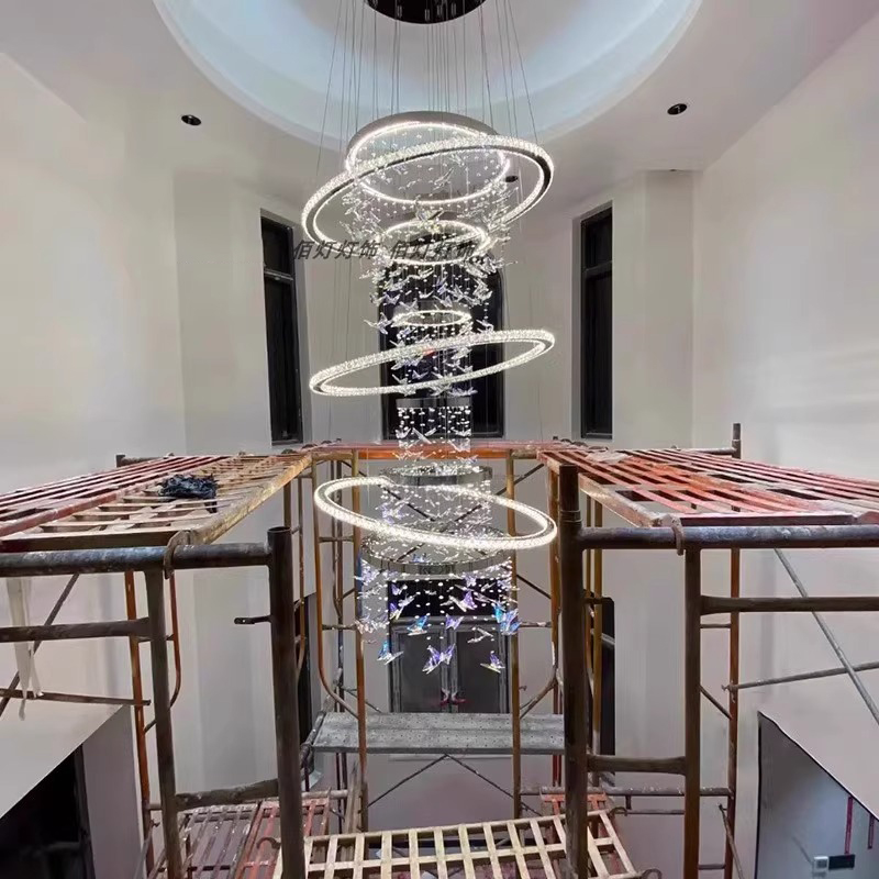 Luxury Custom Lighting Indoor Decoration Hotel Lobby Villa Staircase Ring Butterfly Crystal Led Chandelier
