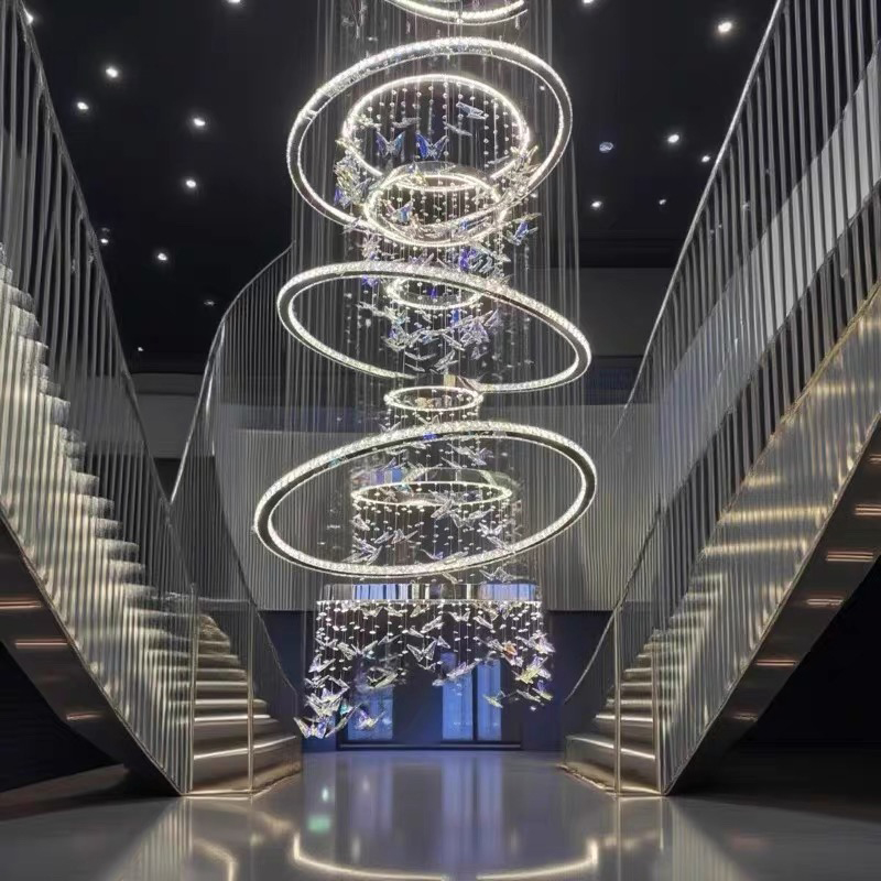 Luxury Custom Lighting Indoor Decoration Hotel Lobby Villa Staircase Ring Butterfly Crystal Led Chandelier