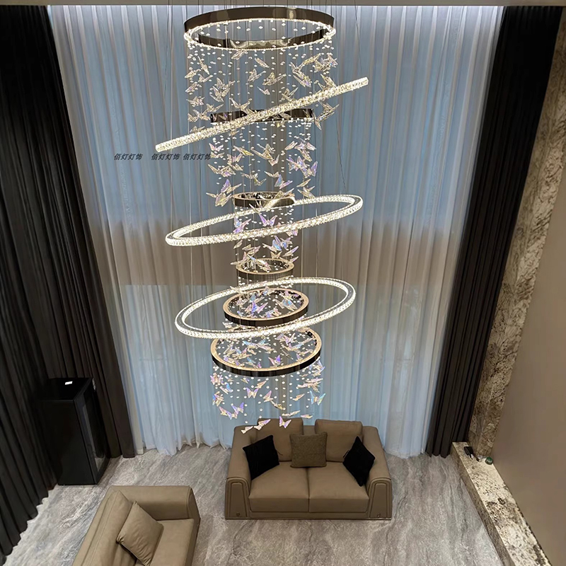 Luxury Custom Lighting Indoor Decoration Hotel Lobby Villa Staircase Ring Butterfly Crystal Led Chandelier