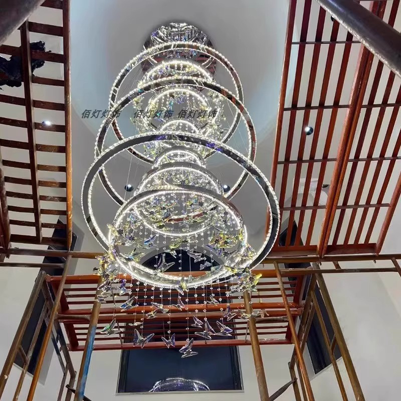Luxury Custom Lighting Indoor Decoration Hotel Lobby Villa Staircase Ring Butterfly Crystal Led Chandelier