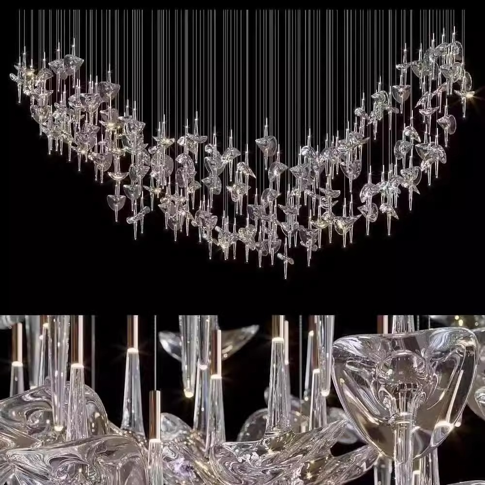 Custom Large Project LED Blown Glass Chandelier Fantasy Clear Spaceship Modern Hotel Lobby Villa Pendant Light